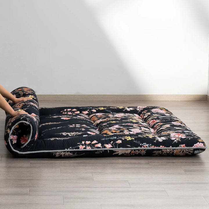 Japanese Floor Mattress Futon Mattress Floral Design Sleeping Mat with Dustproof Cover and Storage Bag Twin Size