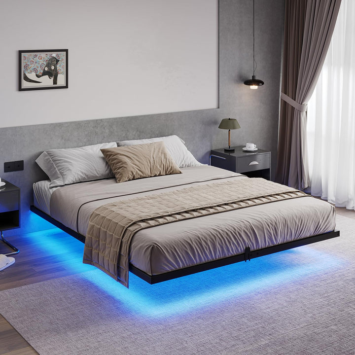 Full Size Floating Bed Frame with LED Lights, Metal Platform Bed, No Box Spring Needed, Black