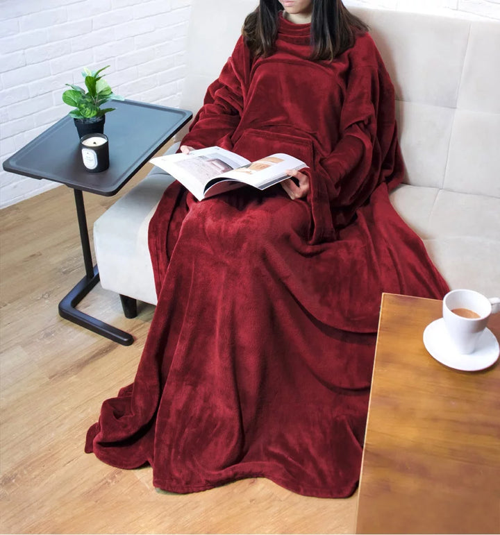 Premium Fleece Blanket with Sleeves for Women Men Adult, Wearable Blanket Warm Cozy, Super Soft Sleeved Throw with Arm, Gift for Women Mom Wife (Wine Red, Kangaroo Pocket)