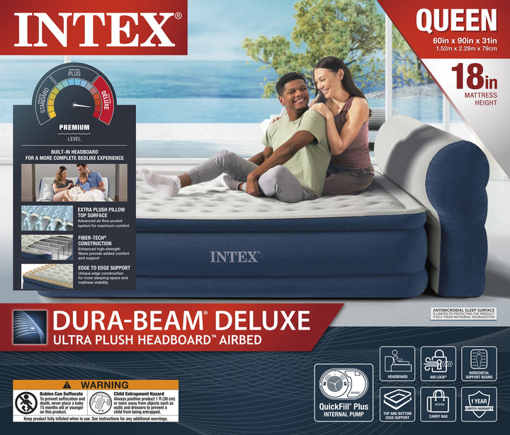 Queen Headboard Dura-Beam Deluxe Raised Air Bed Mattress with Built-In Pump - 18" Mattress Height