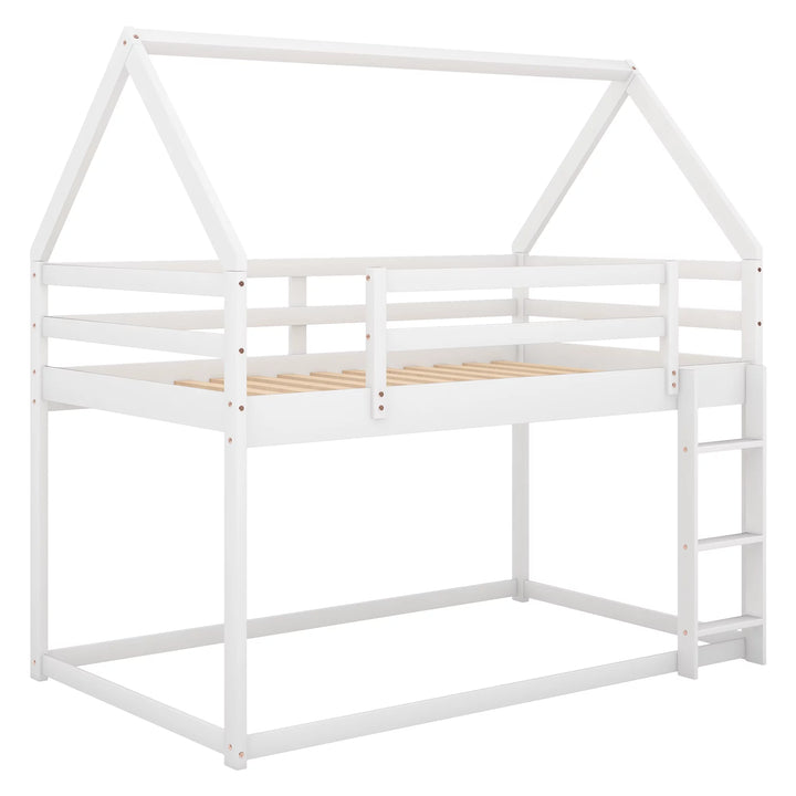 Wooden House Bunk Bed, Twin over Twin Bunk Bed with Ladder, Toddler Floor Bunk Bed for Kids, Boys & Girls (White)