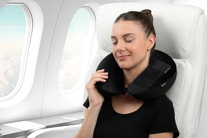 Microbead Travel Head and Neck Pillow Lightweight and Plush with Phone, Headphone Pocket