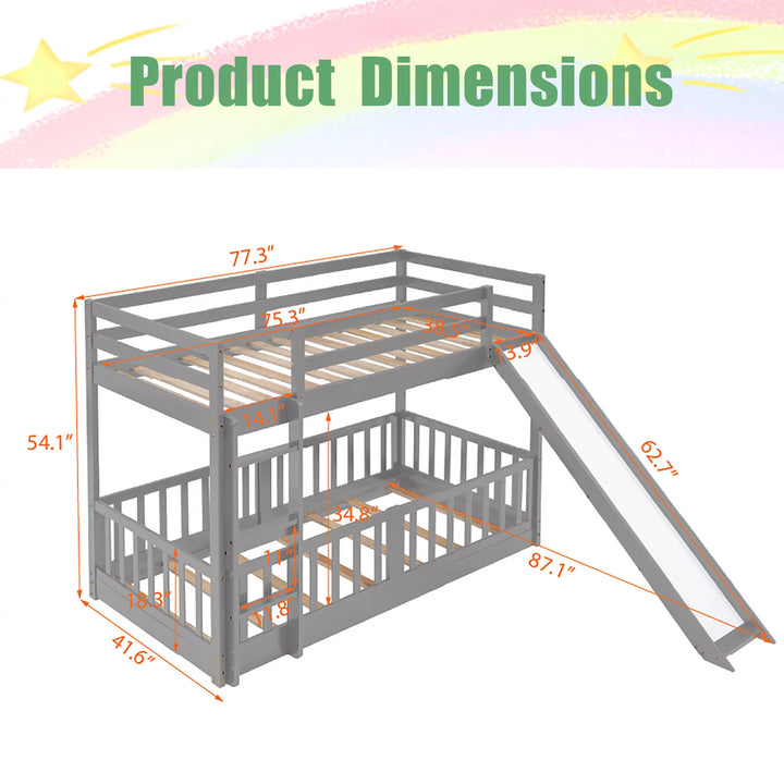 Low Bunk Bed with Slide, Twin over Twin Juniors Bunk Beds with Fence, Floor Bunk Bed Frame with Ladder for Toddler Kids Teens(Gray)