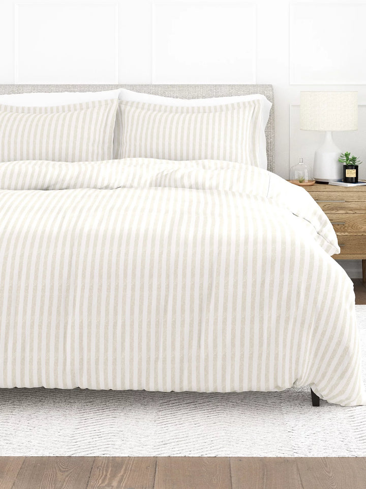 - 3 Piece Ivory Puffed Rugged Striped Duvet Cover Set with Shams for Queen Size Bedding