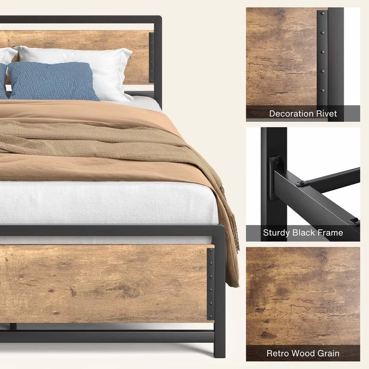 Queen Bed Frame with Rustic Vintage Wood Headboard and Footboard,Metal Support, 11'' Under-Bed Storage - Retro