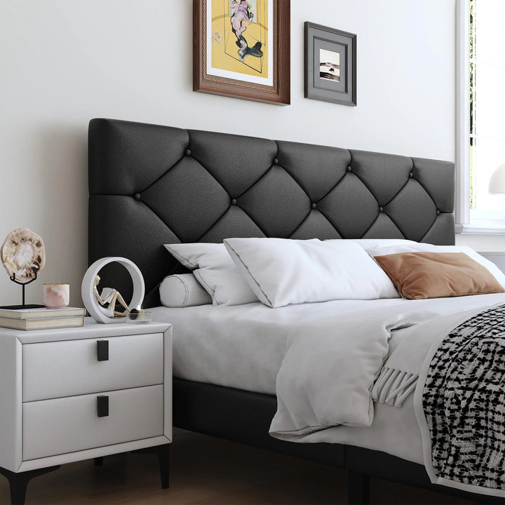 Upholstered Platform Queen Bed Frame with Headboard, Modern Black Faux Leather Queen Bed Frame with Wood Slat Support, Mattress Foundation for Adults Kids, No Box Spring Needed