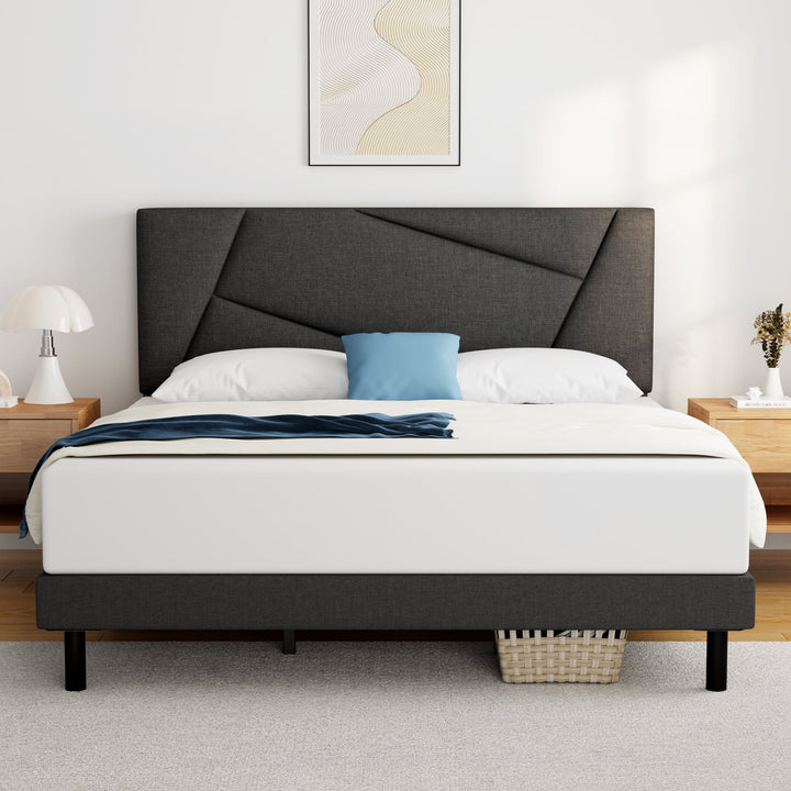 Full Bed Frame,  Full Size Platform Bed Frame with Fabric Upholstered Headboard, Dark Grey