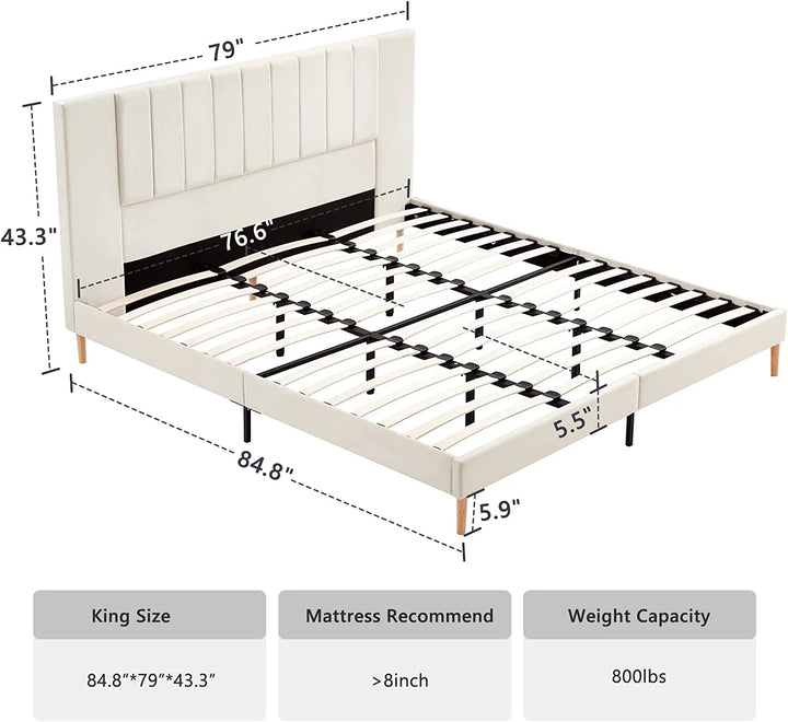 King Bed Frame Upholstered Bed Frame with Vertical Channel Tufted Complete High Headboard, White