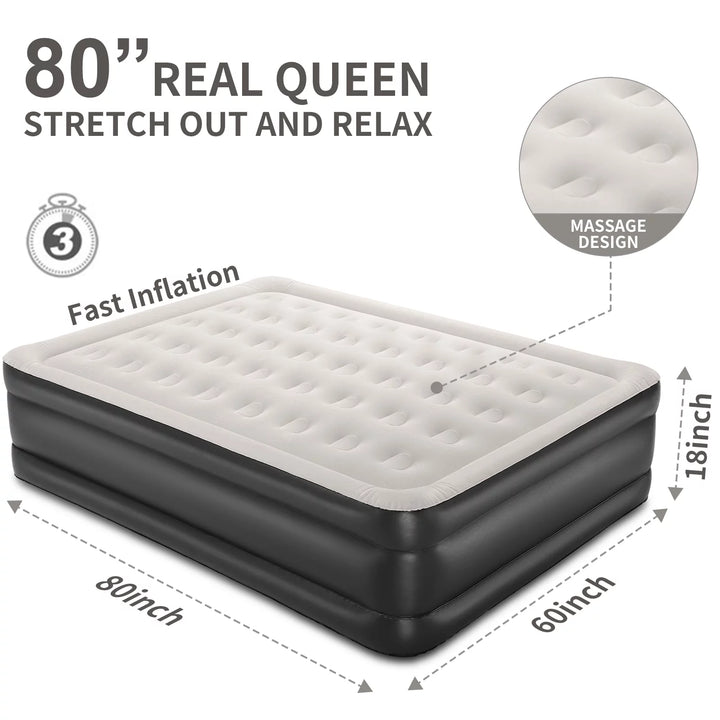 18 Inch High Air Mattress Queen with Built in Pump, Elevated Quick Inflation/Deflation Inflatable Beds, High Durability Blow up Mattresses for Camping, Indoor Colchon, Guests Air Bed, Black