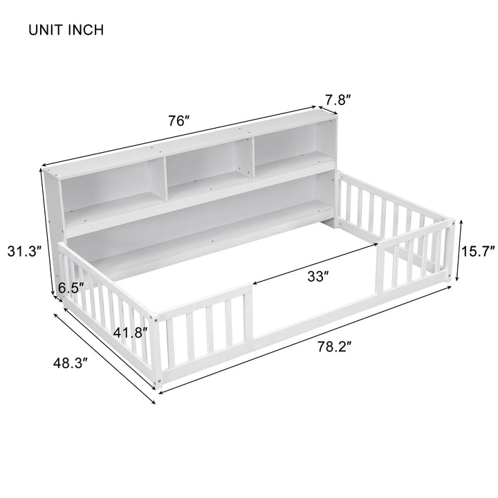 Twin Size Floor Bed Frame with Fence and Bookcase Toddler Floor Bed Low Bed with Entrance and Storage Shelves Montessori Bed Frame for Kids, Boys, Girls, No Box Spring Needed (Twin, White)