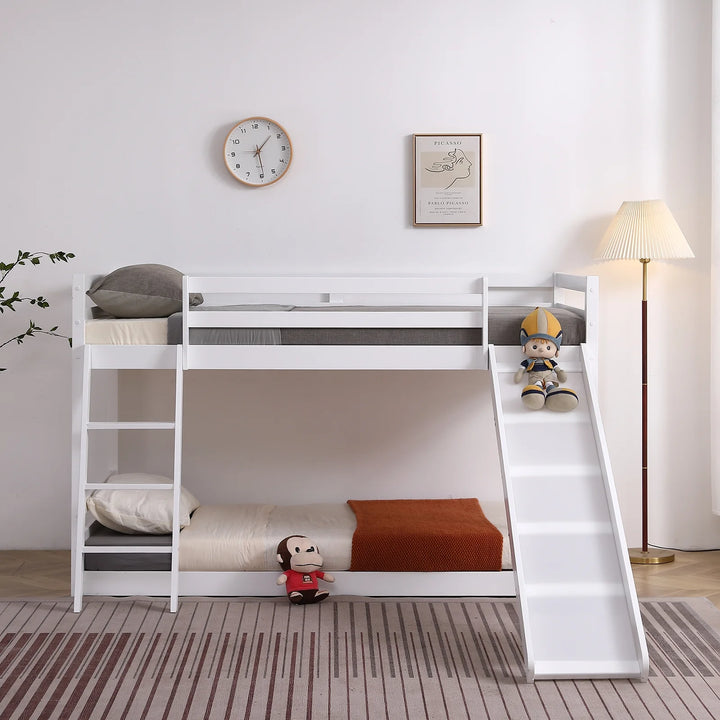 Zimtown Bunk Bed Twin over Twin,Kids Low Floor Bunk Bed with Slide for Children Boys Girls Dormitory Bedroom,No Box Spring Needed,White