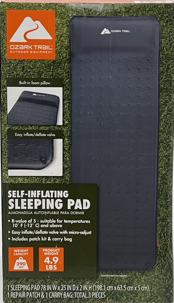 Self-Inflating Camp Pad with Pillow - Grey, Adult, 78" L X 25" W X 2" H