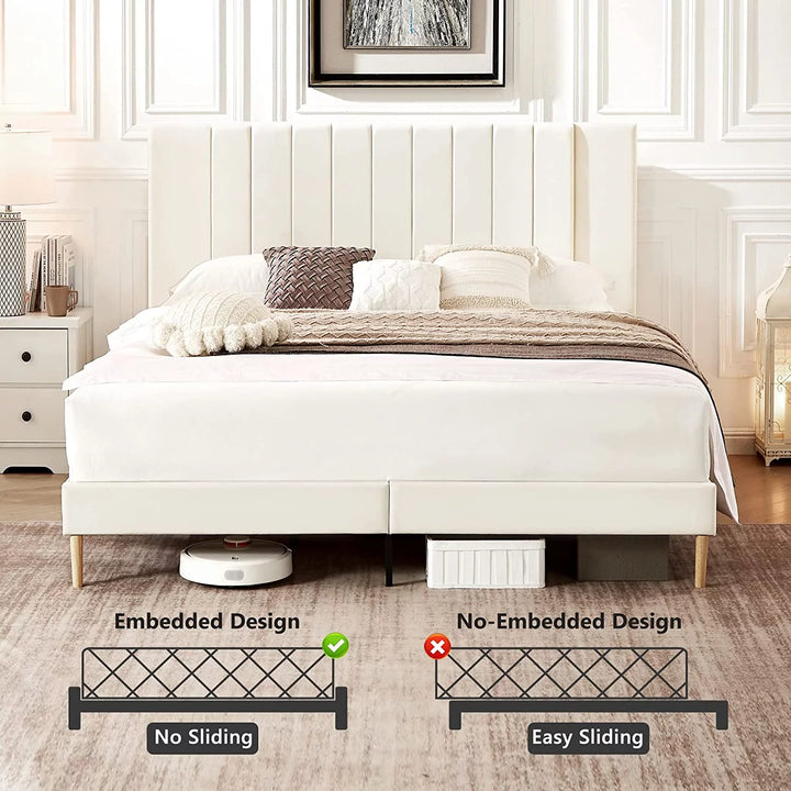 King Bed Frame Upholstered Bed Frame with Vertical Channel Tufted Complete High Headboard, White