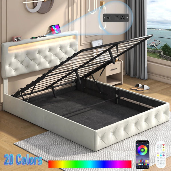 Queen Lift up Bed Frame with LED Light & Power Outlets, Velvet Storage Bed with Adjustable Headboard, Upholstered Platform Bed(Beige-Queen)