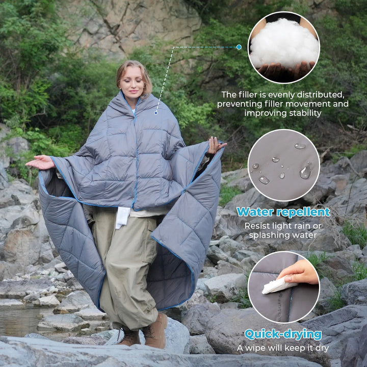 Outdoor Blanket Lightweight Waterproof Wearable Blanket for Camping, Backpacking, Traveling 69 in X 53 in Grey