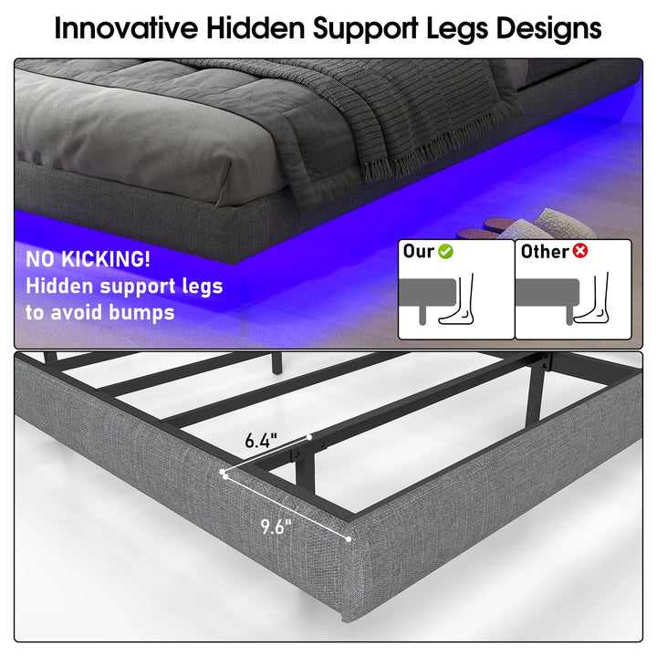 Floating Bed Frame Queen Size with LED Lights, Metal Platform Full Bed, No Headboard, No Box Spring Needed, Easy to Assemble