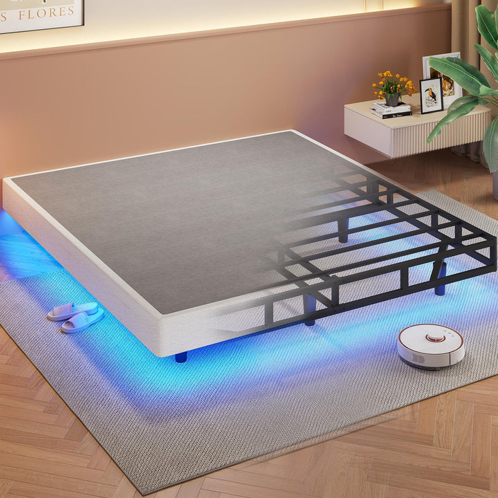 Queen Floating Bed Frames with LED Lights, Metal Platform Bed Frame, White