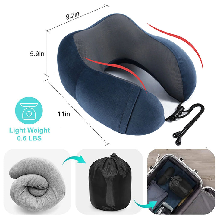 Travel Pillow Luxury Memory Foam Neck & Head Support Pillow Soft Sleeping Rest Cushion for Airplane Car & Home Best Gift (Navy Blue)