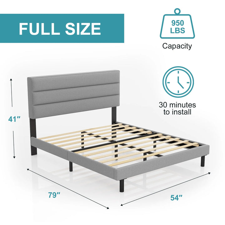 Full Bed Frame,  Full Size Platform Bed with Wingback Fabric Upholstered Headboard, Light Gray