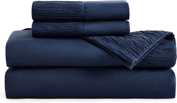 King Sheets - Soft Sheets for King Bed, 4 Pieces Hotel Luxury Navy Sheets , Easy Care Polyester Microfiber Material Cooling Bed Sheet Set