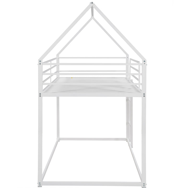 Metal House Bunk Bed, Twin over Twin Bunk Bed with Ladder, Toddler Floor Bunk Bed for Kids, Boys & Girls (White)