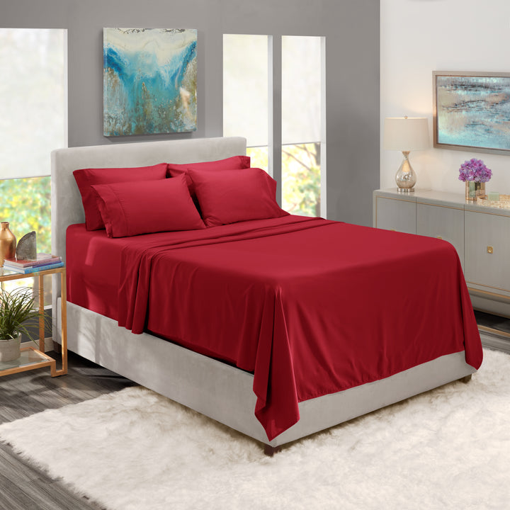 Hotel Luxury Soft Microfiber Extra Deep Pocket 6 Piece Bed Sheets Set, Fits 18"-24", King, Burgundy Red