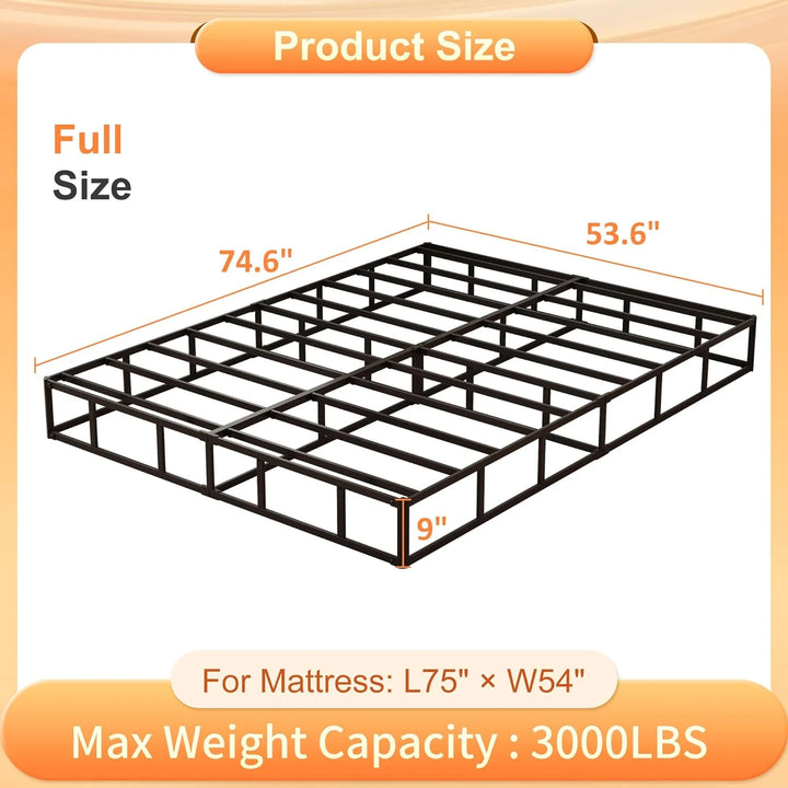 9 Inch High Profile Metal Full Size Box Spring Bed Base with Fabric Cover, Easy to Install and Noiseless, Black