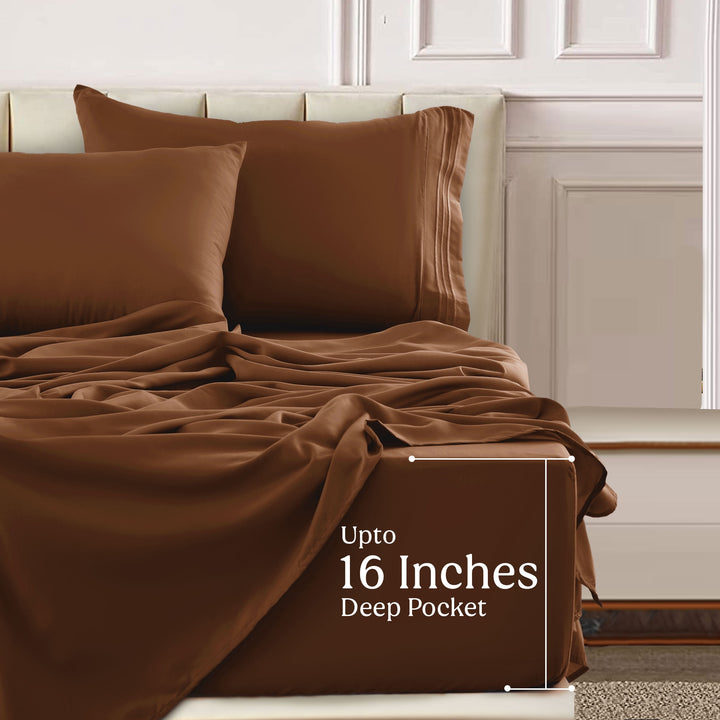 Lux Decor Collection King Bed Sheets - 16 Inch Deep Pocket 6 Piece Microfiber Bedding Sheets & Pillowcase Sets - Brown