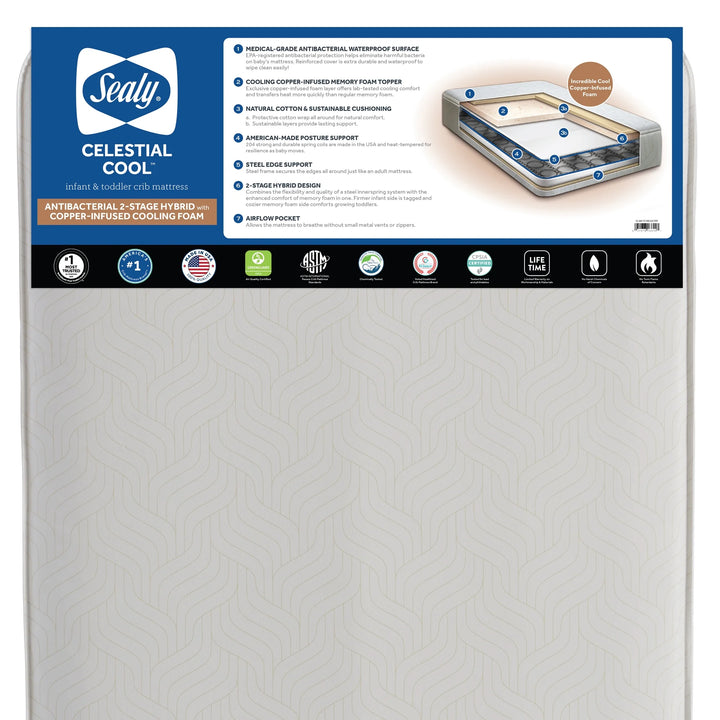 Celestial Cool Ultra-Premium 2-Stage Hybrid Antibacterial Baby Crib & Toddler Mattress, Cool Copper Gel