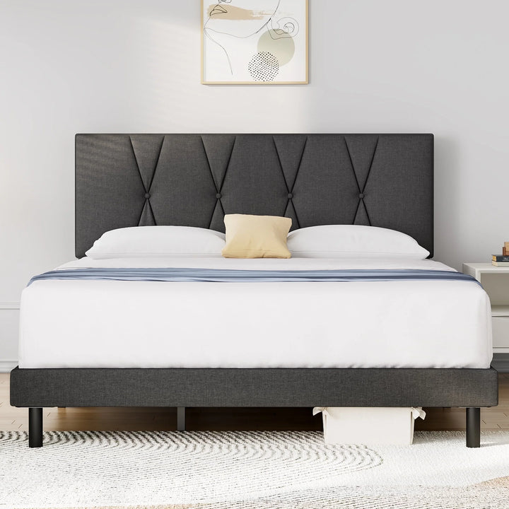 Queen Bed Frame,  Queen Size Platform Bed with Fabric Upholstered Headboard, Dark Grey