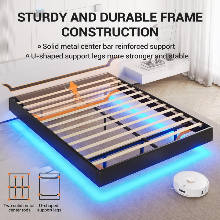 Floating Queen Bed Frame with LED Lights Modern Upholstered Platform Bed Frame, Black