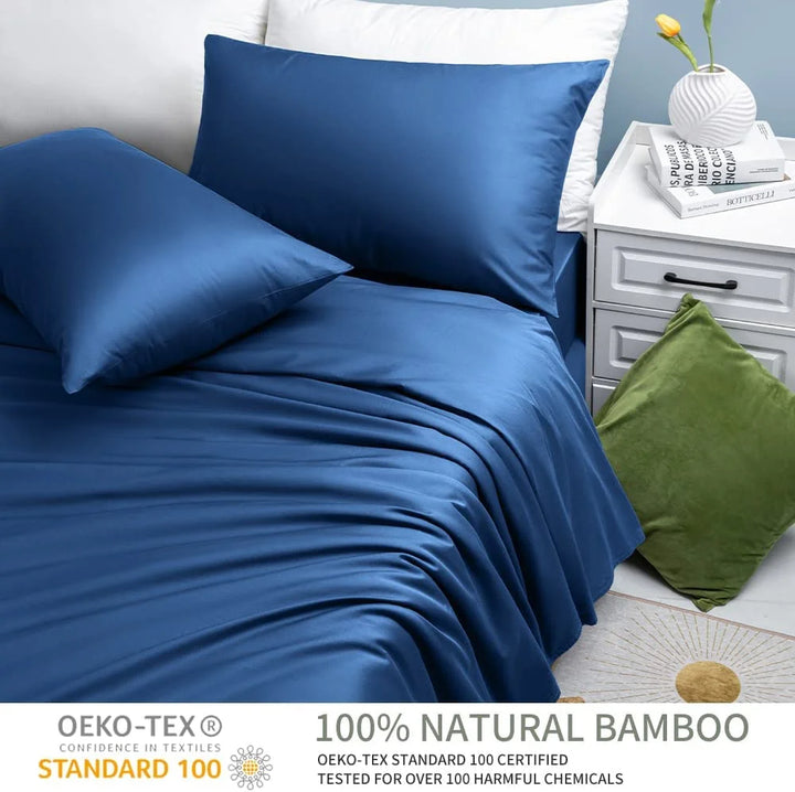 100% Organic Bamboo Bed Sheets, Cooling Queen Sheet Sets 4 PC, 1800 Series Sheets with 16" Deep Pocket, Navy Blue