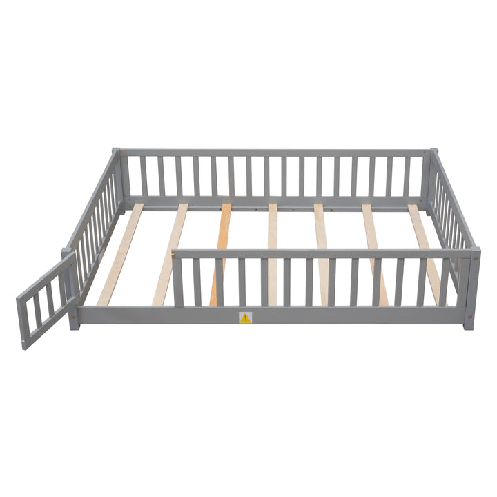 Kids Toddler Bed with Fence and Door, Full Size Platform Bed Floor Bed, Wood Bed Frame No Box Spring Needed, Gray