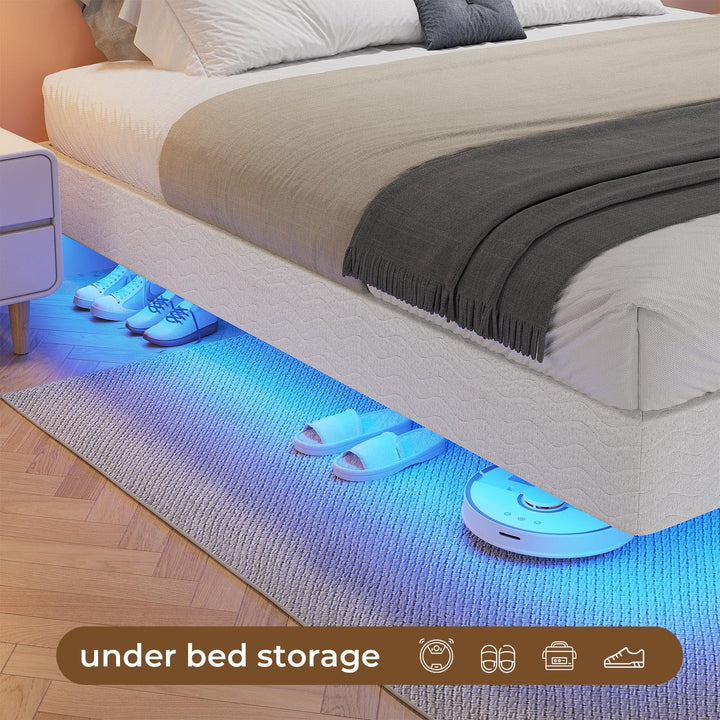 Queen Floating Bed Frames with LED Lights, Metal Platform Bed Frame, White