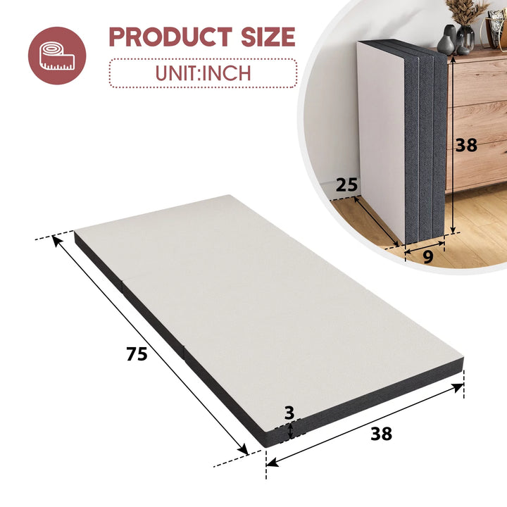 3 Inch Trifold Mattress Twin, Folding Mattress Twin with Washable Cover Non-Slip Bottom for Camping Guest Foldable Mattress Portable Mattress, 75" X 38" X 3"