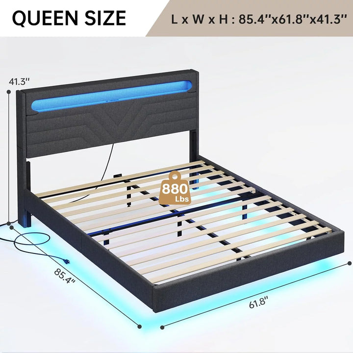 Floating Bed Frame Queen Size Linen Upholstered Platform Bed with USB-C/A Charging Stations&Rgb LED Lights Storage Headboard, No Box-Spring Needed,Dark Gray