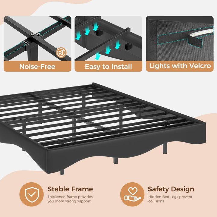 Queen Floating Bed Frame with Charging Station, Led Platform Leather Bed Frame, Black