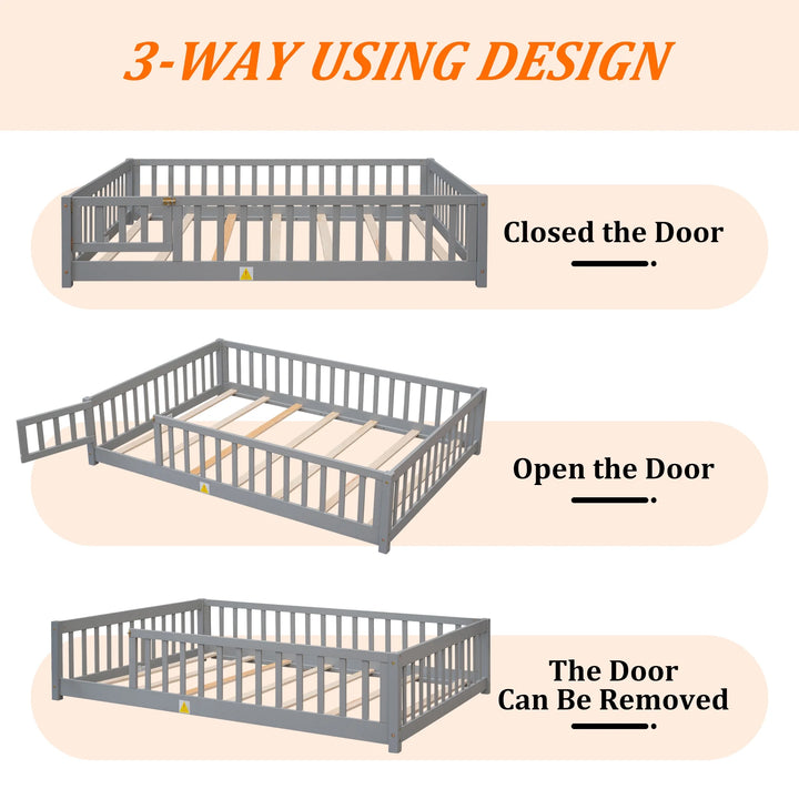 Kids Toddler Bed with Fence and Door, Full Size Platform Bed Floor Bed, Wood Bed Frame No Box Spring Needed, Gray