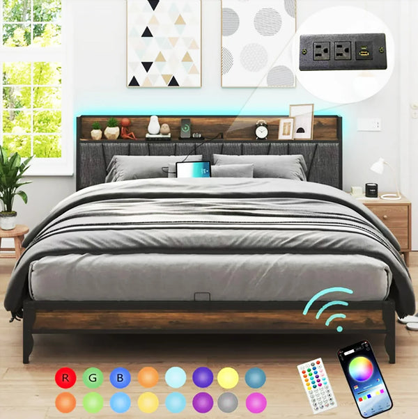 LED Full Size Bed Frame with Outlets & Usb/Type-C Port and Storage Headboard, Metal Platform Bed with Charging Station and for Bedroom(Black -No Drawer-Full)