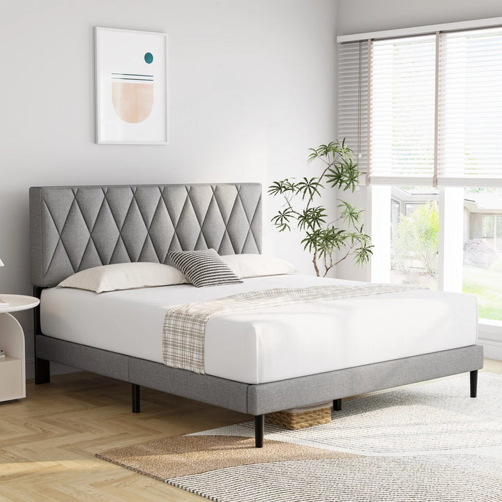 Queen Size Platform Bed Frame with Headboard, Modern Upholstered Platform Bed, Light Grey