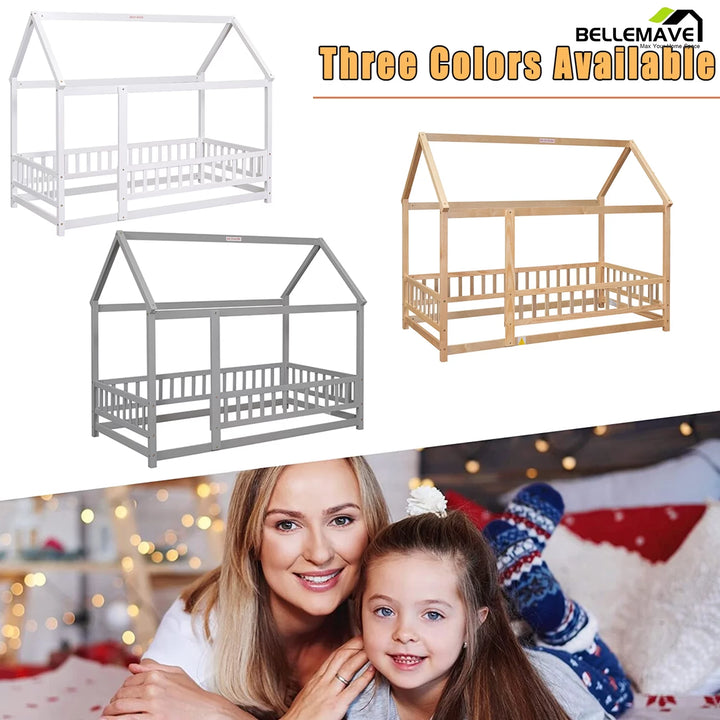 Twin Floor Bed for Kids, Wood Twin Size House Bed Frame with Fence, Montessori Toddler Bed for Kids Girls Boys Teens（Natural)