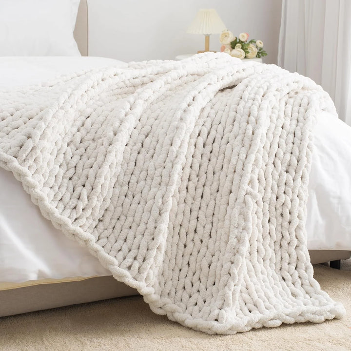 Chunky Knit Throw Blanket 50" X 60", 100% Hand Made Large Chenille Loop Yarn Soft Fluffy Throws for Couch Sofa Bed, Big Crochet Cozy Heavy Thick Cable Woven Blanket, Cream White