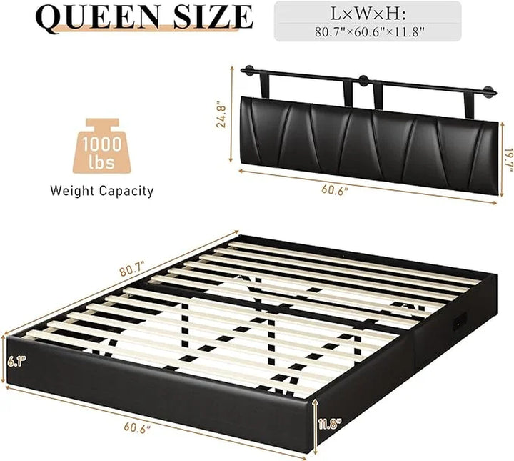 Queen Size Floating Bed Frame with LED Light & Side Charging Station, Storage Platform Bed with Adjustable Upholstered Headboard(Black-Queen)