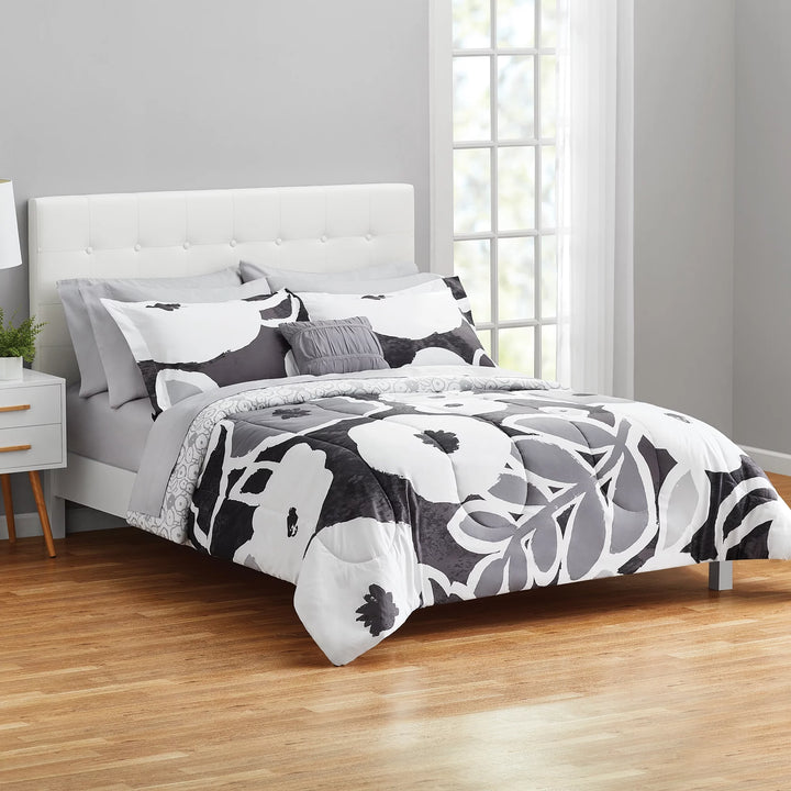 Rich Black Floral 10 Piece Bed in a Bag Comforter Set with Sheets, Queen