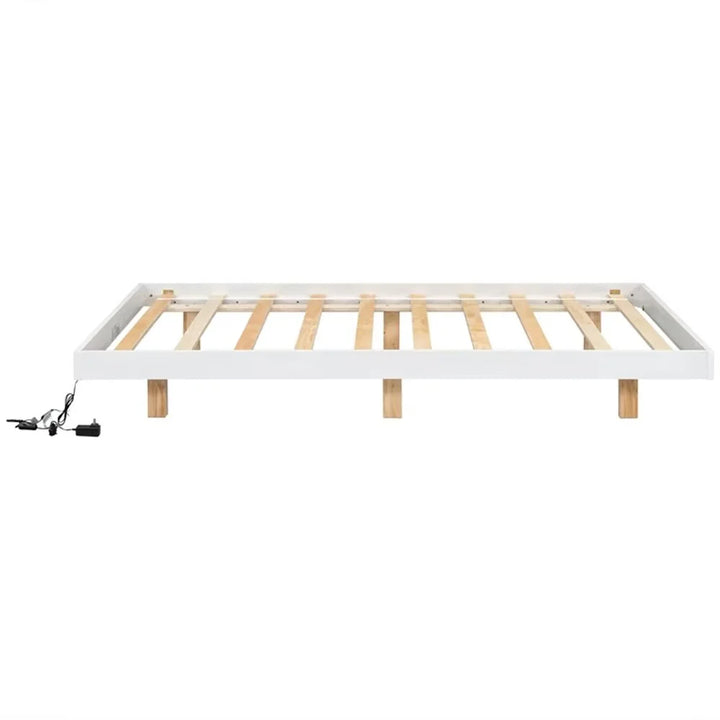 Full Size Floating Bed Frame with LED Lights Underneath, Modern Low Profile Platform Bed with Wood Slats Support, Noise Free, No Box Spring Needed, Easy Assembly, White