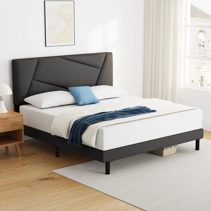 Full Bed Frame,  Full Size Platform Bed Frame with Fabric Upholstered Headboard, Dark Grey