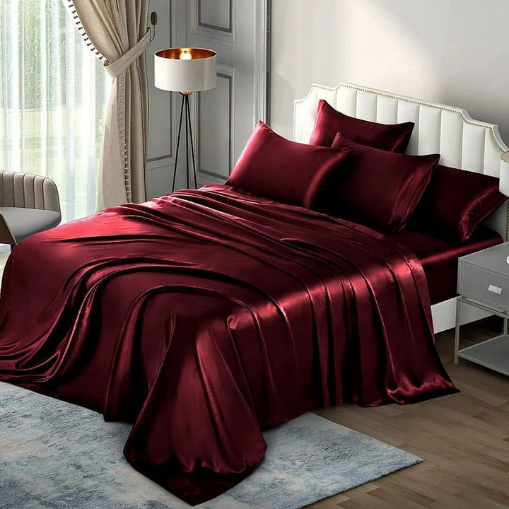 Twin Size Sheet Set Satin Sheets Burgund Microfiber Silk Bed Set of 3 with 1 Pillowcase