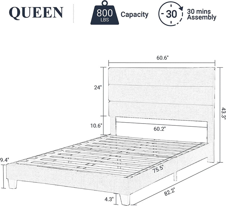 Queen Size Platform Bed Frame with Fabric Upholstered Headboard, No Box Spring Needed, Dark Grey