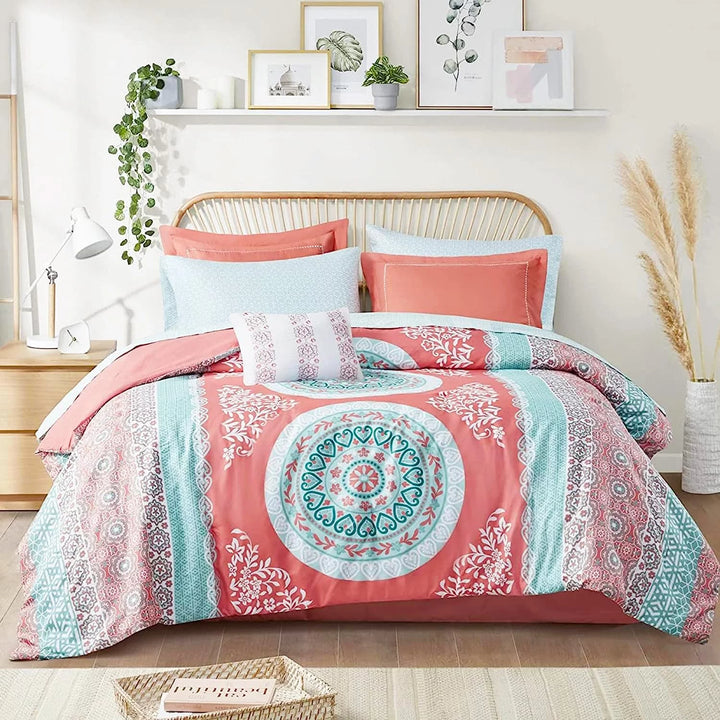 Intelligent Design 9-Piece Queen Comforter Sets with Sheet Bed in a Bag Coral Medallion Print Bedding Sets