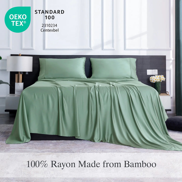 Luxury Bamboo Rayon Sheets Full Size for Adult 4 Pcs,Cool&Soft,16" Deep Pocket, Green